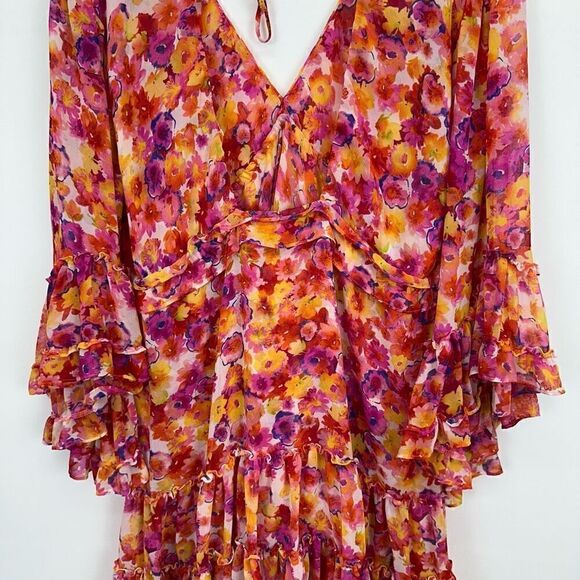 MISA Los Angeles Yasemin Bright Pink Orange Yellow Floral Chiffon Bell Sleeve Mi - Picture 12 of 16